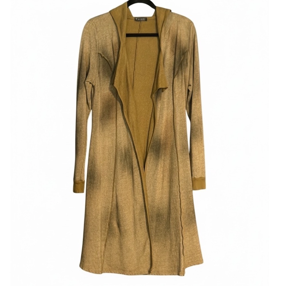 T Party Hooded Duster Cardigan L Brown Waterfall Open Front Boho Longline USA